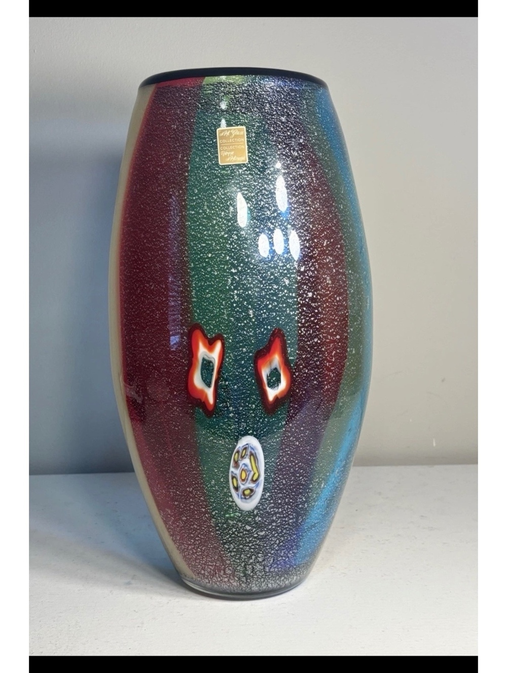 Verre Artisanal Art Millefiori Accents Silver Flakes Color Strips Vase